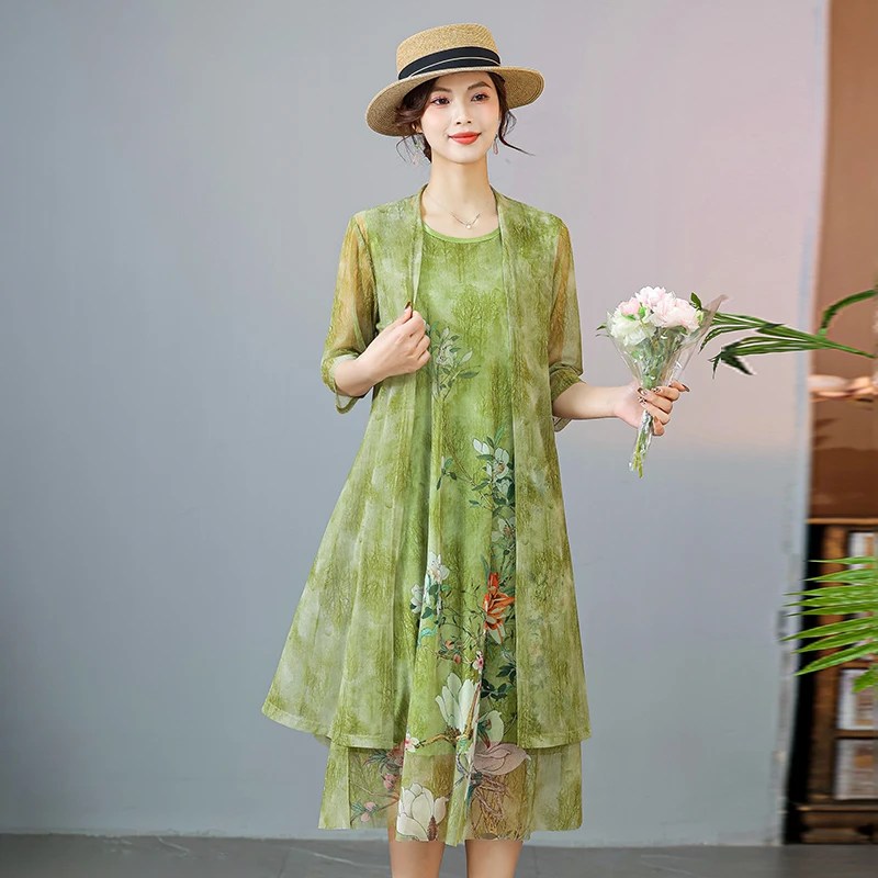 하이 엔드 여성 긴 쉬폰 드레스 봄 여름 인쇄 레이스 드레스 여성 우아한 가짜 투피스 드레스