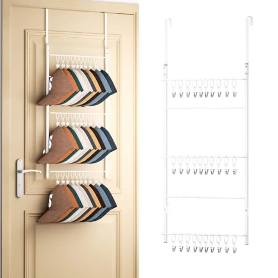 

Over Door Hat Rack - 3 Tier Wall Mounted Hat Organizer with 30 Movable Clips Baseball Cap Organizer Storage Holds up to 30 Caps
