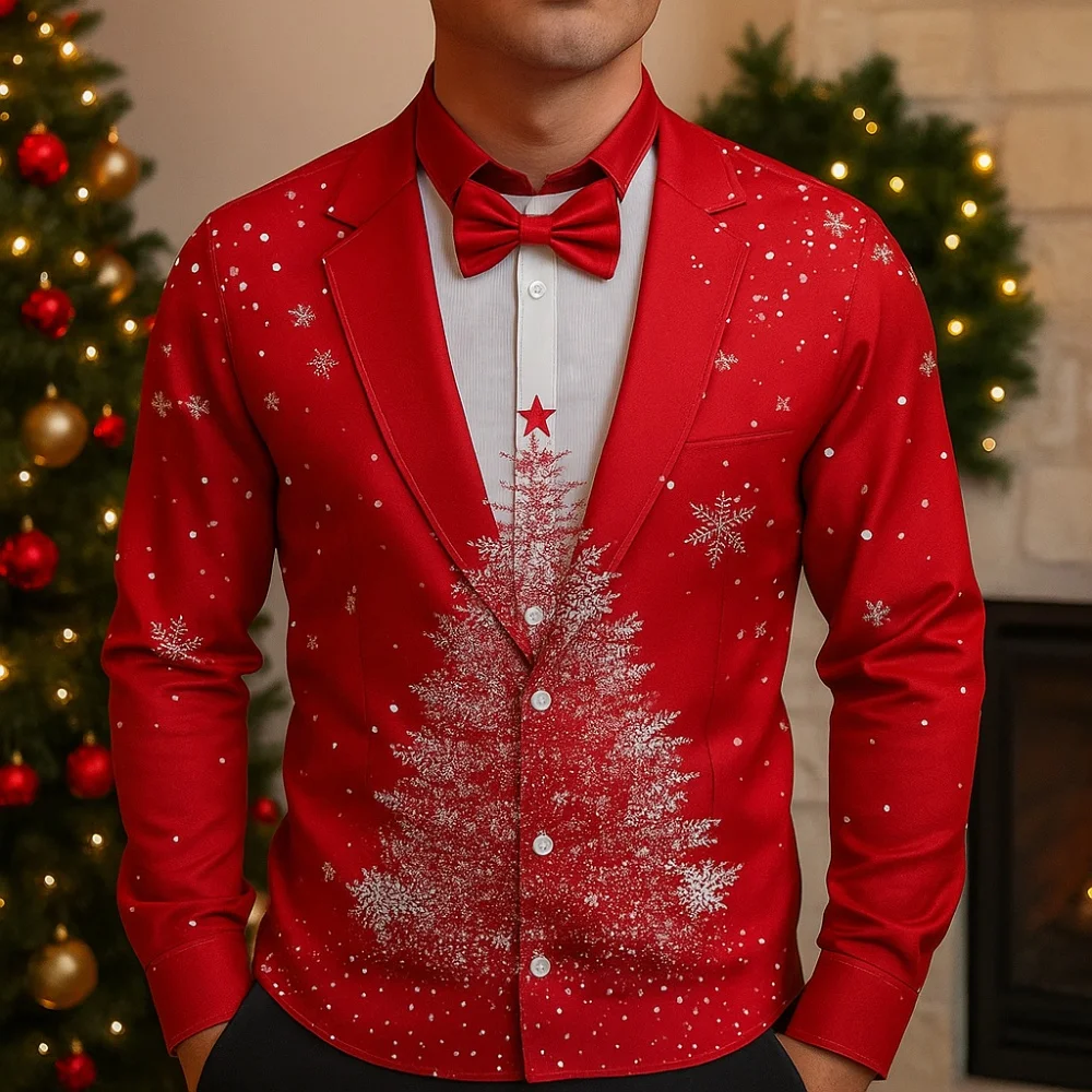 Men's Christmas Snowflake Formal Shirts 3D Printed Tie Design Elegant Tuxedo Style Holiday Party Wedding Attire Formal Style Top