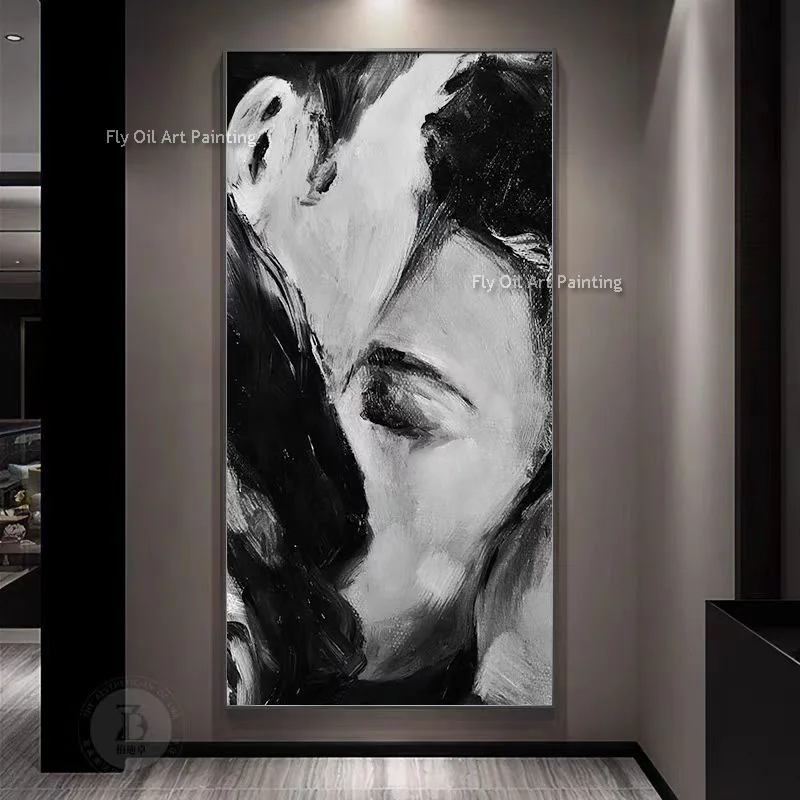 Black Gray And White Abstract Couple Hugging Thick Oil Painting Hand Painted Large People Canvas Wall Art Original Artwork Decor