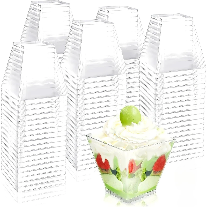 50/100PCS Transparent Ladder Shaped Cups Plastic Dessert Cups Birthday Party Christmas Fruit Ice Cream Dessert Food Container