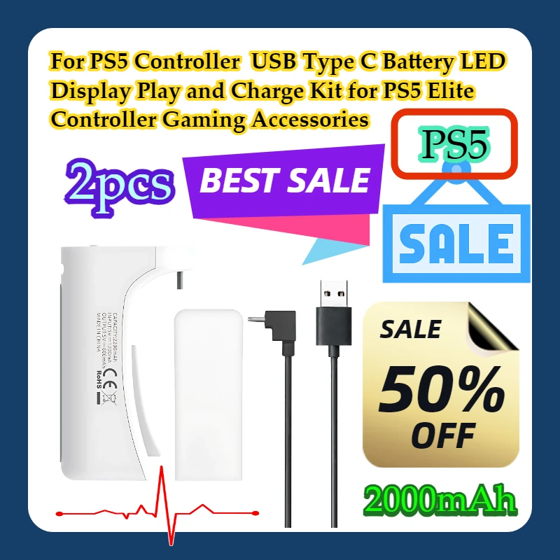 

2pcs For PS5 Controller 2000mAh USB Type C Battery LED Display Play and Charge Kit for PS5 Elite Controller Gaming Accessories