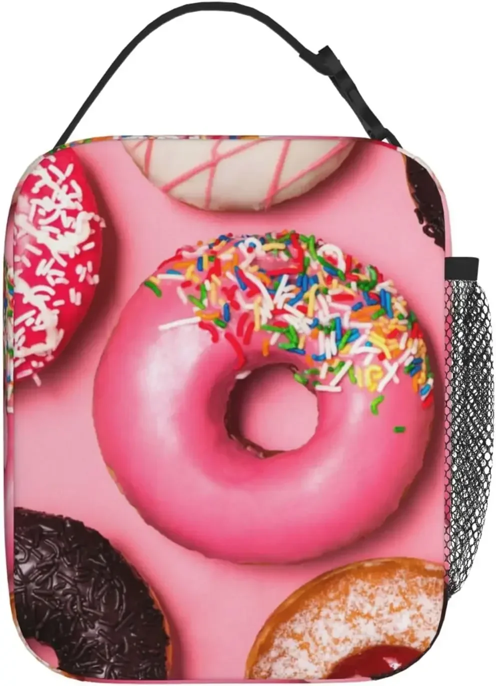 Pink Donut Insulated Lunch Bag Women Reusable Leakproof Thermal Cooler Tote Bag with Side Pockets For Work Travel Picnic