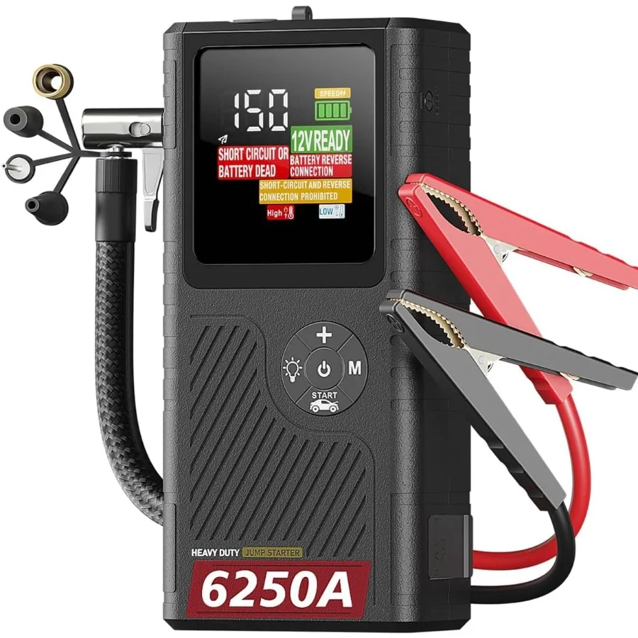 CS02 6250A Peak Jump Starter مع ضاغط هواء 20000 مللي أمبير في الساعة بطارية لمركبة الطوارئ تبدأ 8.5 لتر غاز و6.5 لتر ديزل Ti #1