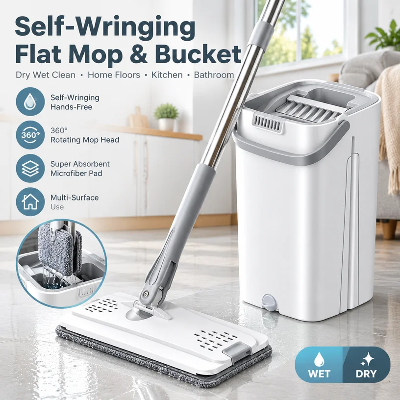 Self-Wringing Flat Mop with Bucket - Dry Wet Clean for Home Floors Kitchen Bathroom Durable Plastic Christmas Cleaning