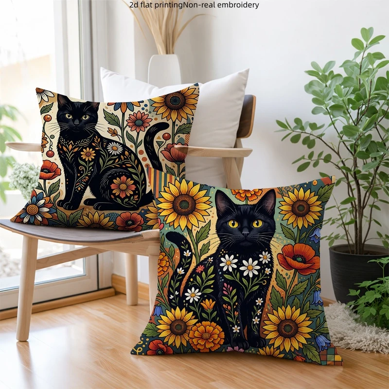 2pc Bohemian Black Cat Floral Throw Pillow Covers Set of 2 Vintage Sunflower Botanical Decorative Cushion Cases for Home Living