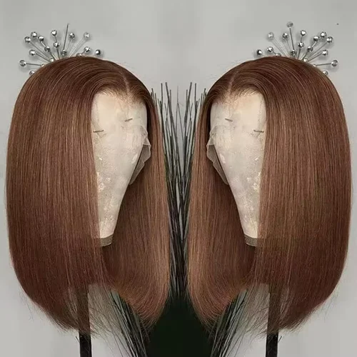 Imagen 2 del producto Marrón chocolate # 4 pelucas rectas Bob cabello humano pelucas frontales de encaje transparente 220% densidad 13x4 pelucas Bob corto cabello brasileño