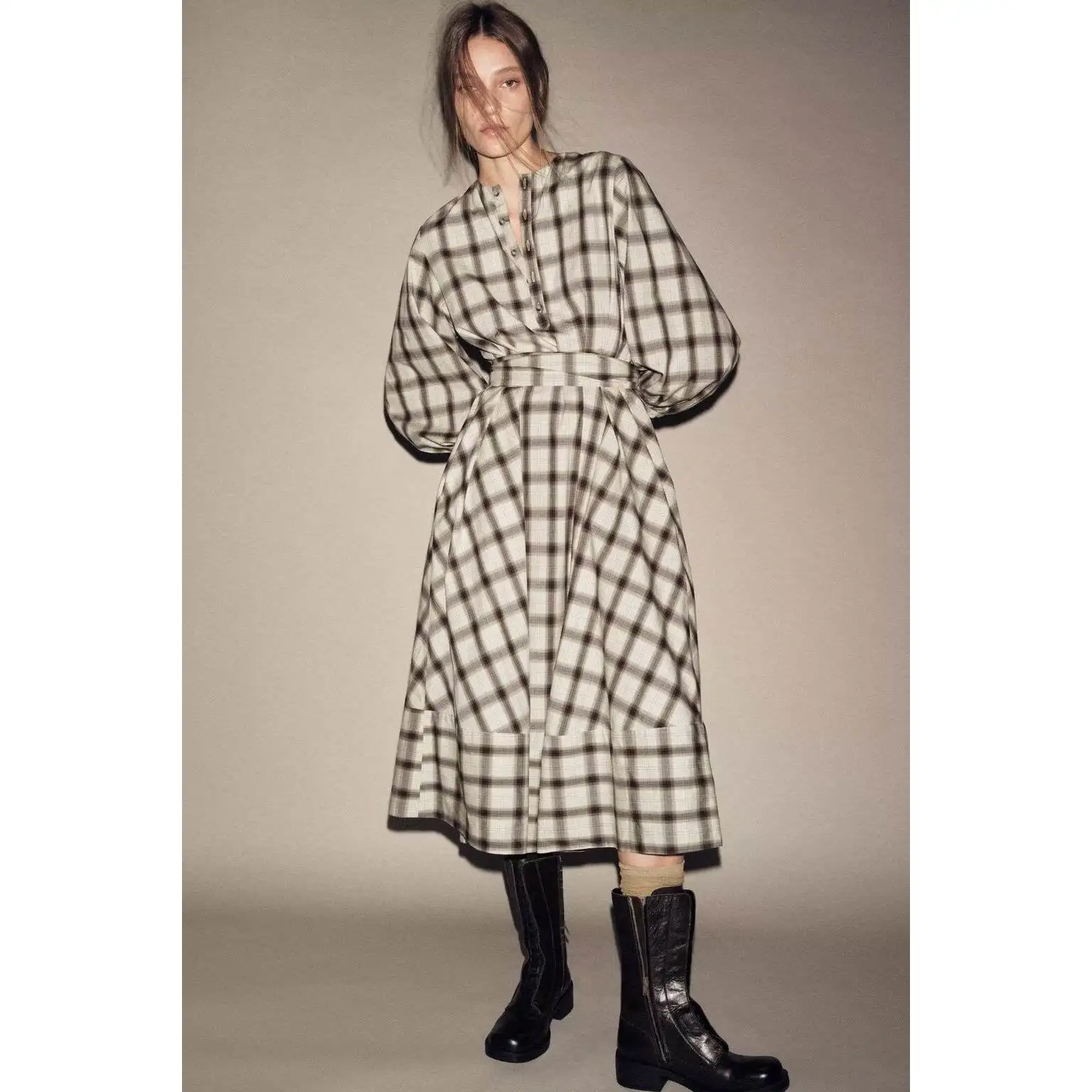 Herfst Winter Nieuwe Collectie vrouwen irt Dr Faionable Veelzijdige Plaid Sle Lange Sve ronde Ne A-lijn Rok Dr