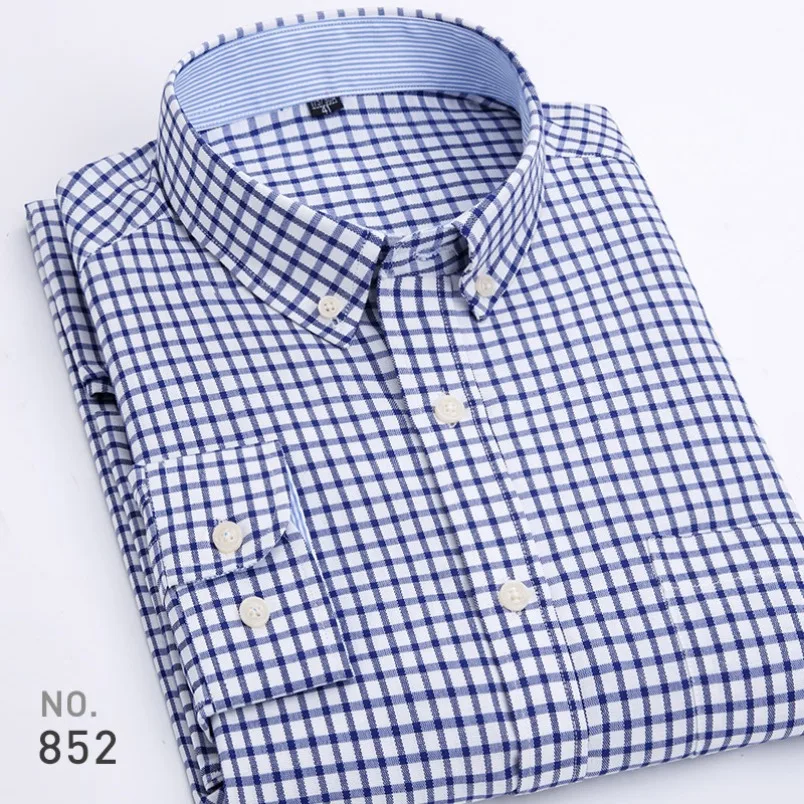 Mens Striped Plaid Oxford Spinning Casual Long Sleeve Shirt Comfortable Breathable Collar Button Design Slim Male Business Dress