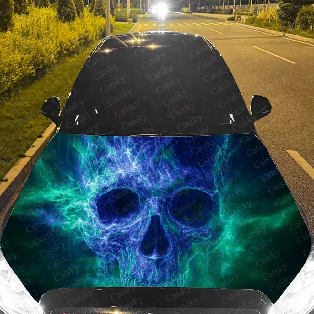 Car Decal Blue Skull with Neon-Quantum Textural Artistic Fusion Design, Creating a Mysterious and Sci-Fi-Gothic Visual Car Hood