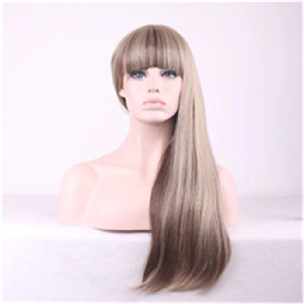 Rose mesh mixed color gradient Qi bangs full head cover long straight hair chemical fiber high temperature silk wig