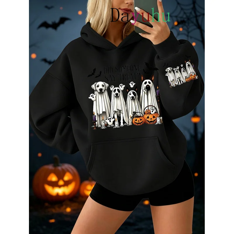 Casual Oversized Hoodie Halloween Funny Ghost Dog Say Treat Pattern Autumn Winter Street Wear Pullover Sweatshirt Fashion