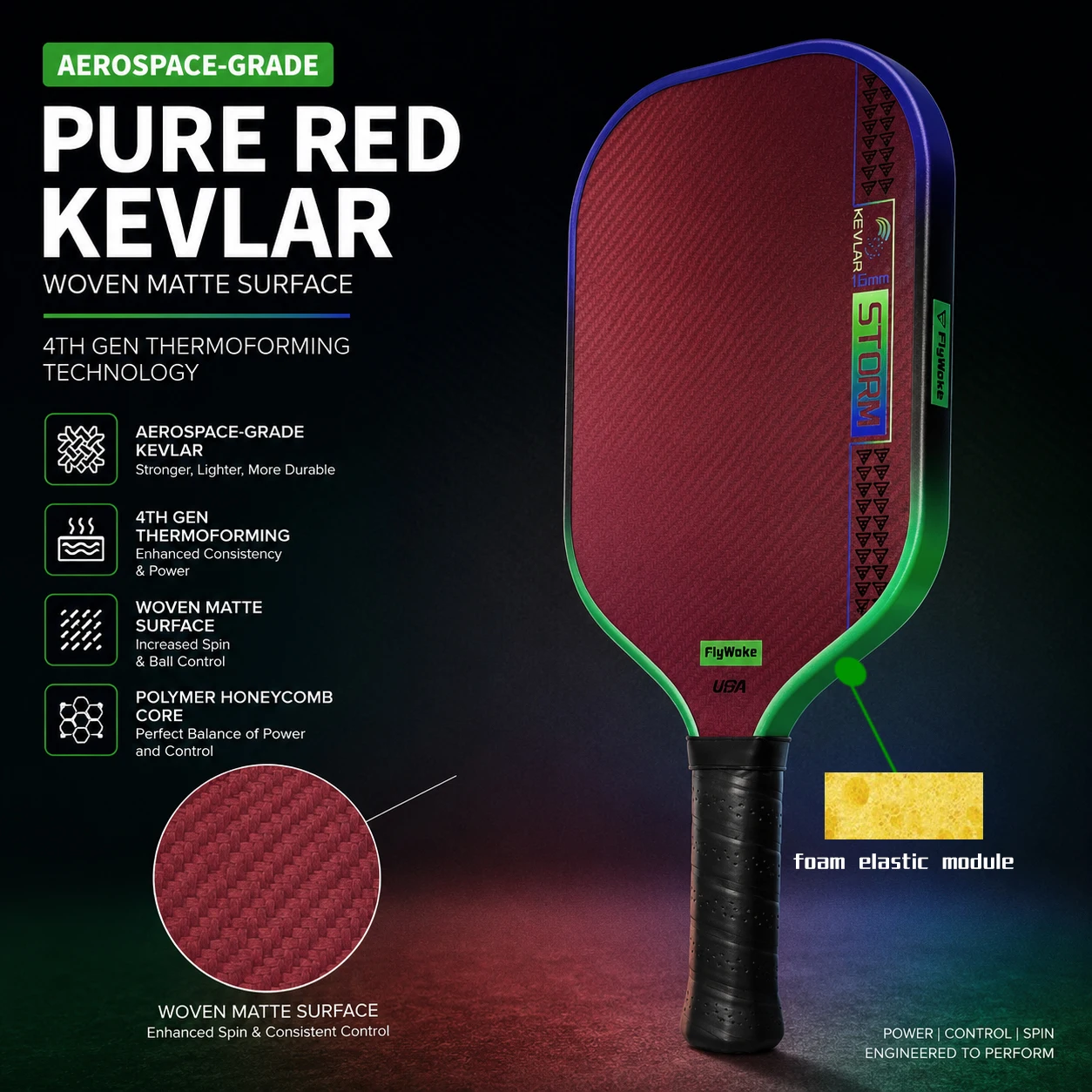 

FlyWoke G-4.0 Heat Press Pickleball Paddle with EVA Energy Ring TPE Elastic Module Kevlar Material High Elasticity High Friction