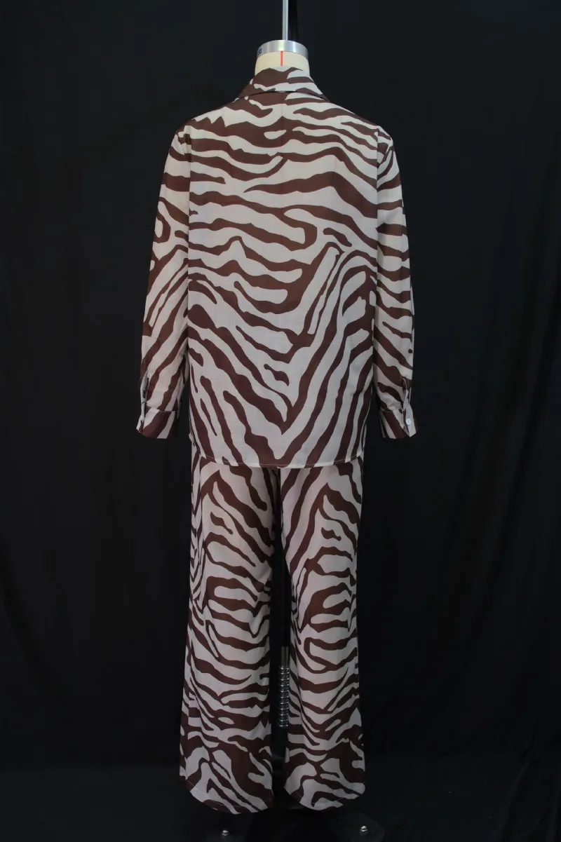 Damen Zebra-Gestreiftes 2-Teiliges Set Langarm-Hemdbluse mit Knöpfen Hochgeschnittene Hose mit Weitem Bein und Kordelzug Lässiges Outfit – Detail 4