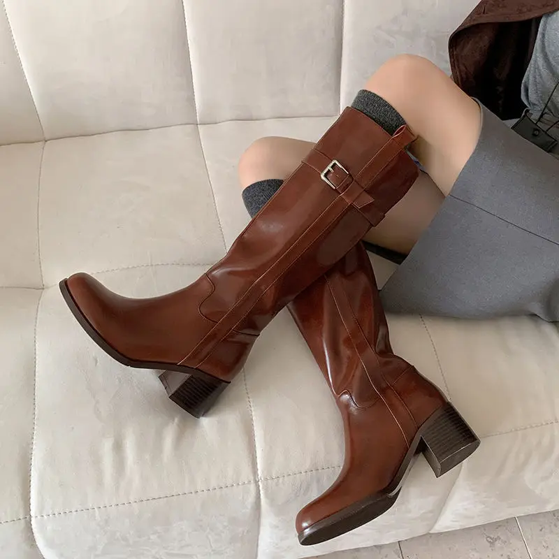 Women's Black Beige Knee High Boots Buckle Strap Detail Chunky Heel Botas Chic Comfort Autumn Elegant Casual Ladies Classic Boot