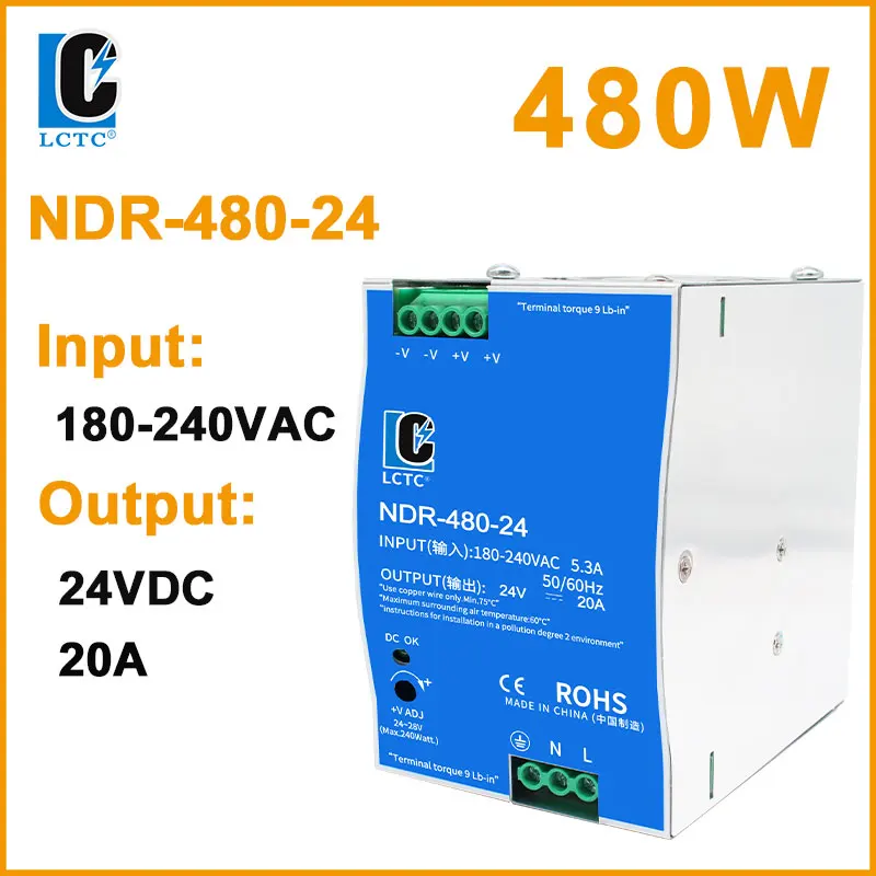 LCTC-Schaltnetzteil NDR-75W 120W 240W 480W Industrielles DIN-Schiene 12V 24V 48V AC/DC-Leistungstransformator mit Einzelausgang