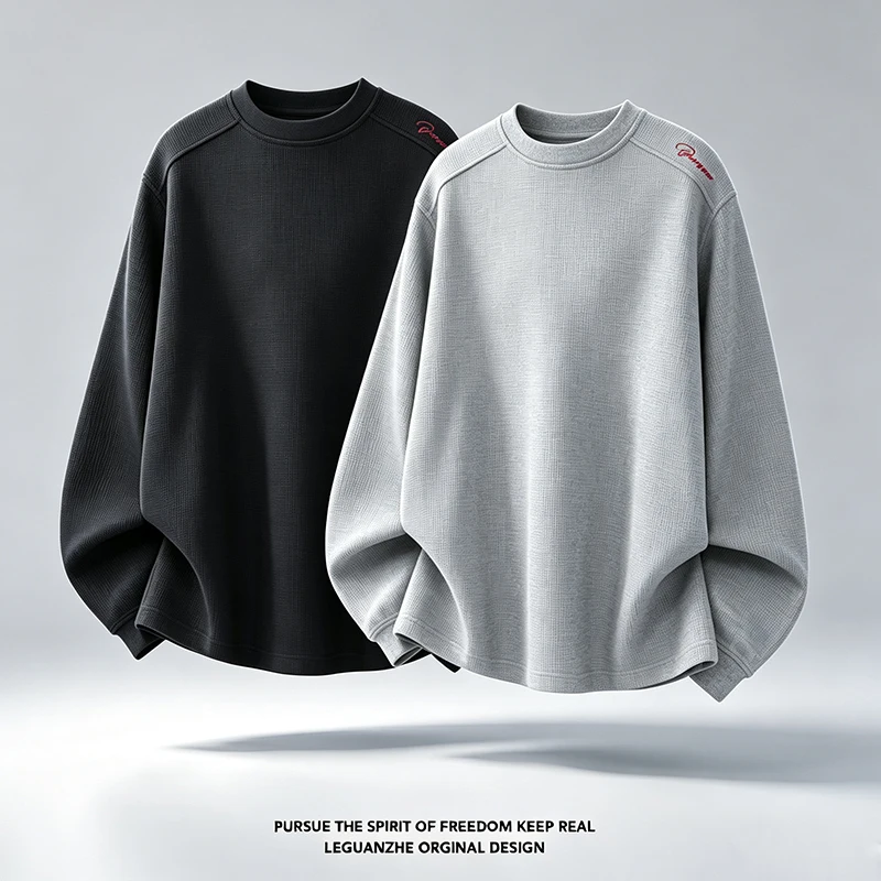 Herren-T-Shirt mit Waffelstruktur, Rundhalsausschnitt, langen Ärmeln, einfarbig, lockerer Schnitt, Stickerei-Details, lässiges Basic-Oberteil, Streetwear-Outfit – Detail 3