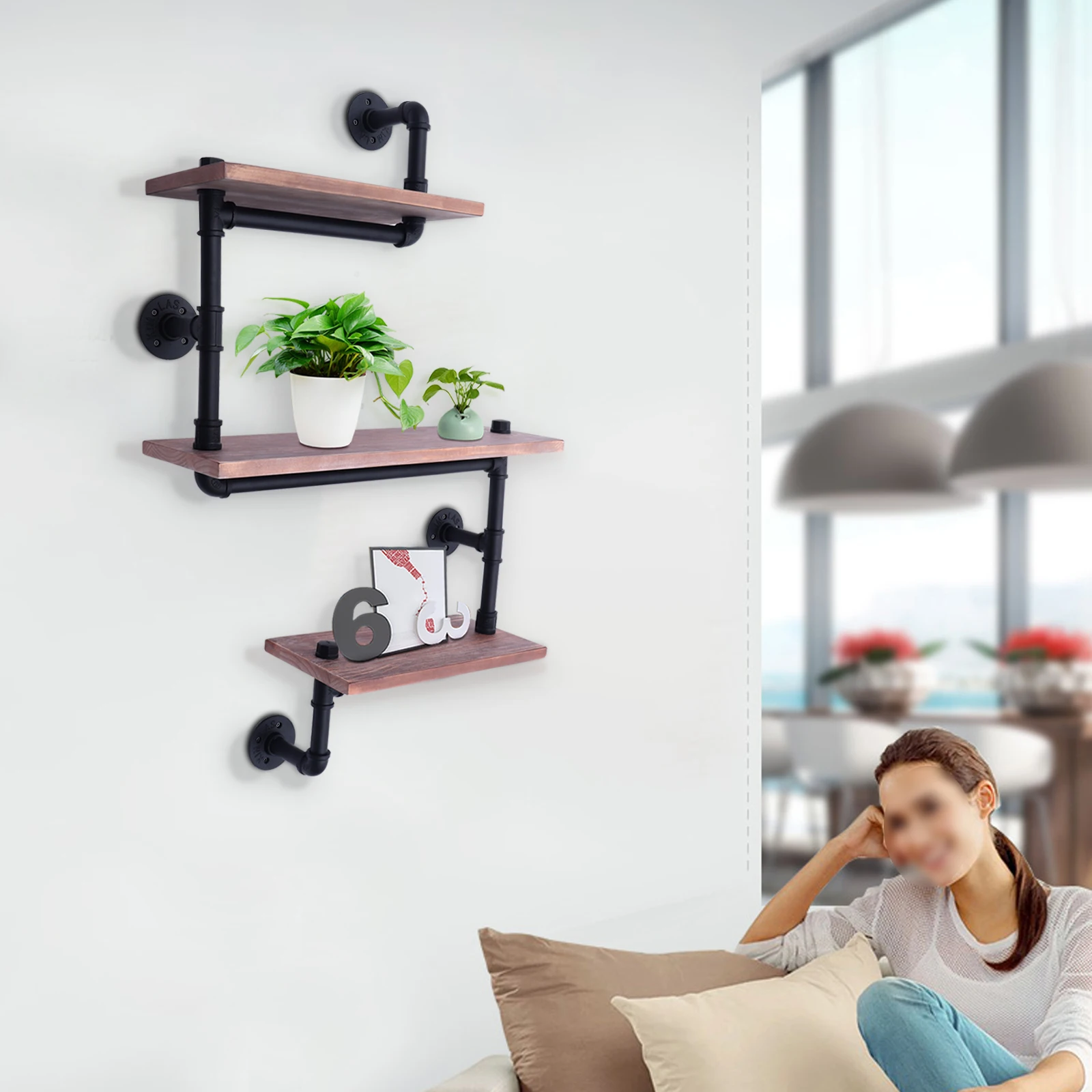 3 Tiers Industrial Wall Mounted Storage Shelf Iron Pipe Vintage Solid Wood Decorative Bracket for Home