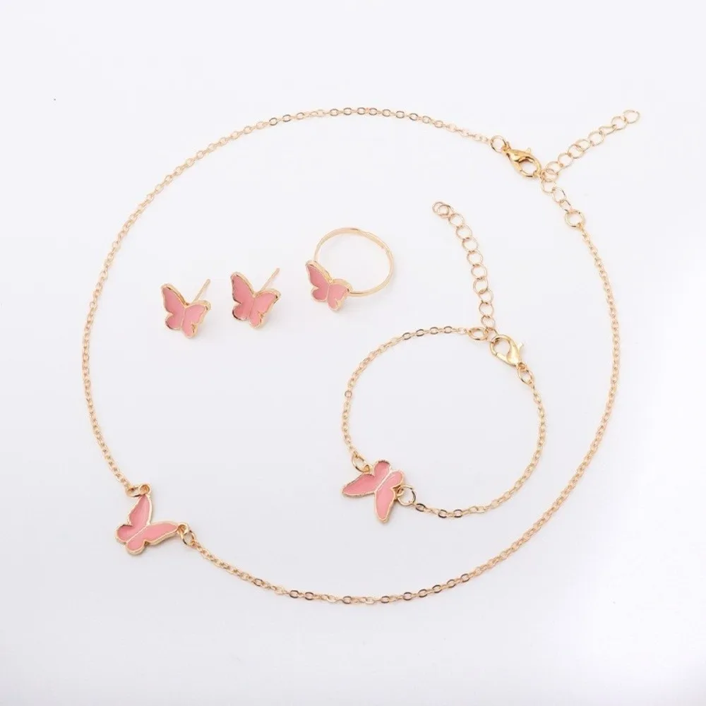 Elegance Style Butterfly Jewelry Set Minimalist Fashion Heart Necklace Ring Set Dripping Oil Artistic Design
