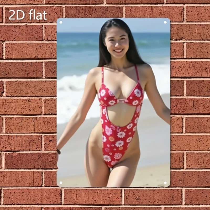 Metal Wall Art Sign Retro Vintage Beach Decor with Red Bikini Floral Striped Swimsuit Iron Art Poster for Home Bar Cafe
