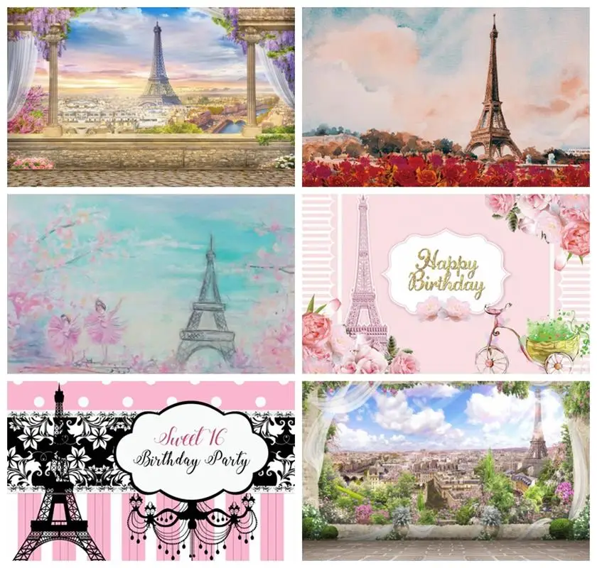 

Laeacco Birthday Photocall Pink Paris Eiffel Tower Flowers Chandelier Custom Photography Backdrops Baby Newborn Backgrounds Prop