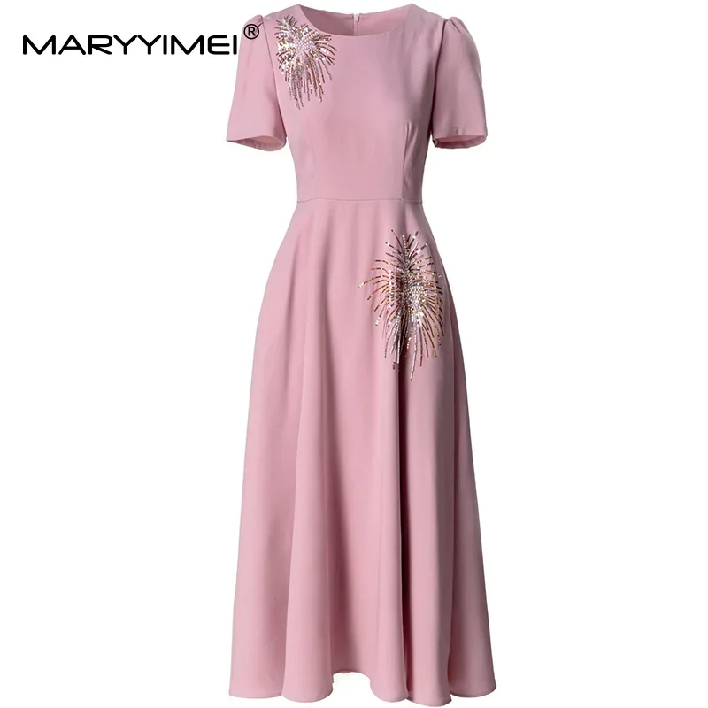 MARYYIMEI Elegancka Sukienka Damska na Imprezę Studniówkową Krótki Rękaw Koraliki Wyszczuplająca Sukienka Jednolita Wiosna Lato 2025 Nowość