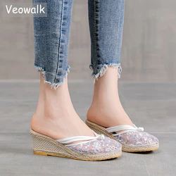 Veowalk Sequined Women Gauze Mesh Wedge Mules Sandals 6cm High Heel Ladies Slippers Summer Espadrilles Shoes Black White