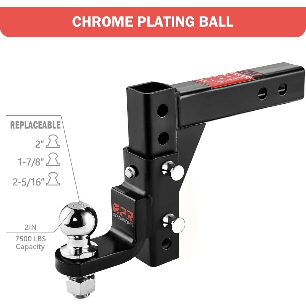 Adjustable Trailer Hitch Ball Mount for 2-Inch Receiver, 7500lbs Capacity, 9-1/2" Drop/8-1/4" Rise with Stainless Steel Pins