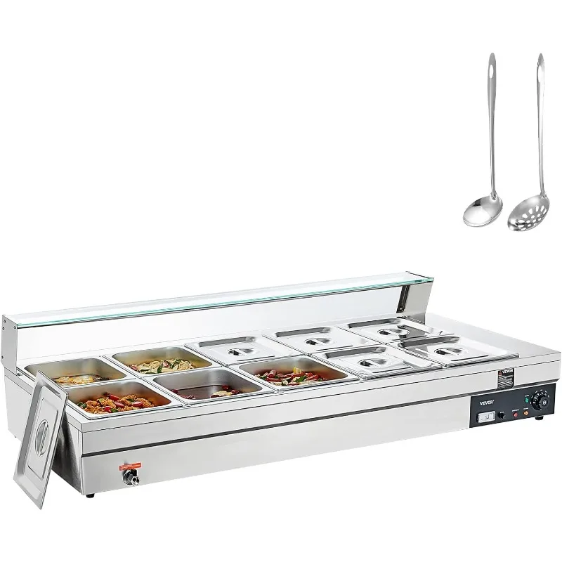 VEVOR 10-Pan Commercial Food Warmer, 10 x 12QT Electric Steam Table with Tempered Glass Cover, 1800W