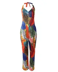 Mulheres com decote em v Tropical Print Halter Backless perna larga longa macacão, bodysuit sexy sem mangas, moda de férias, Novo, 2024