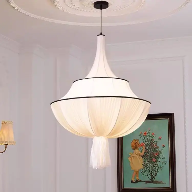 French Fabric Hanging Lamp for Ceiling Vintage Cloth Hotel Lobby Pendant Light Wabi Sabi Bedroom Loft