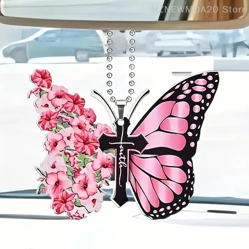 Butterfly Cross Hanging Decoration For Car Sunflower Butterfly Car Charm Rear View Mirror Accessories Car Interior Decor Pendan