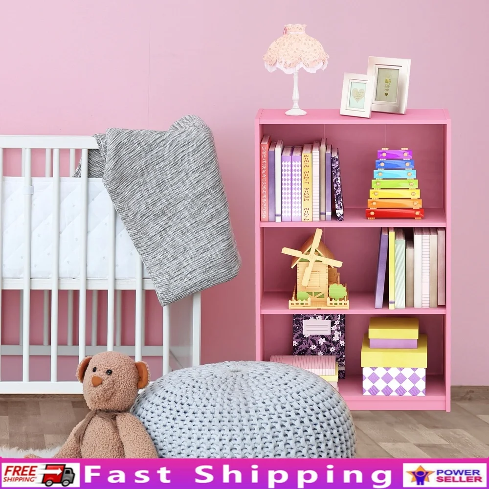 

Adjustable 3-Tier Wood Bookcase Vertical Shelf Home Office Living Room Storage Pink Open Back Design