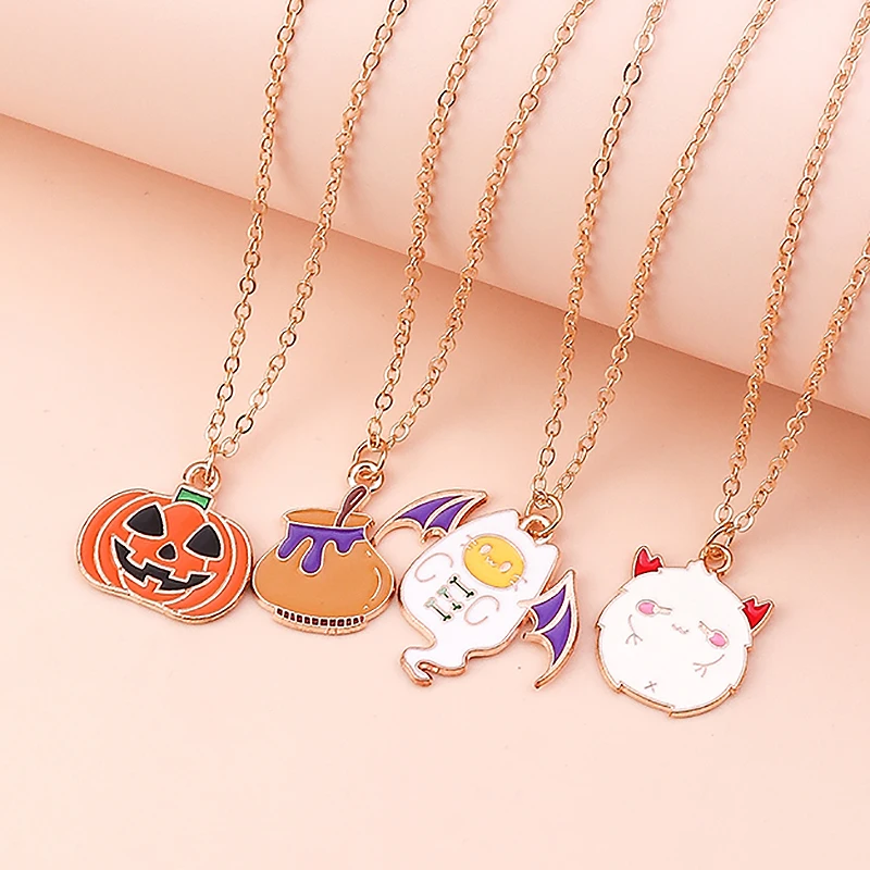 Aihua Niedliche Halloween-Halskette mit Emaille-Anhänger (Geist, Kürbis, Fledermaus, Vampir, Katze, Teufel) für Damen, Halloween-Nacht Schmuckgeschenk – Detail 21