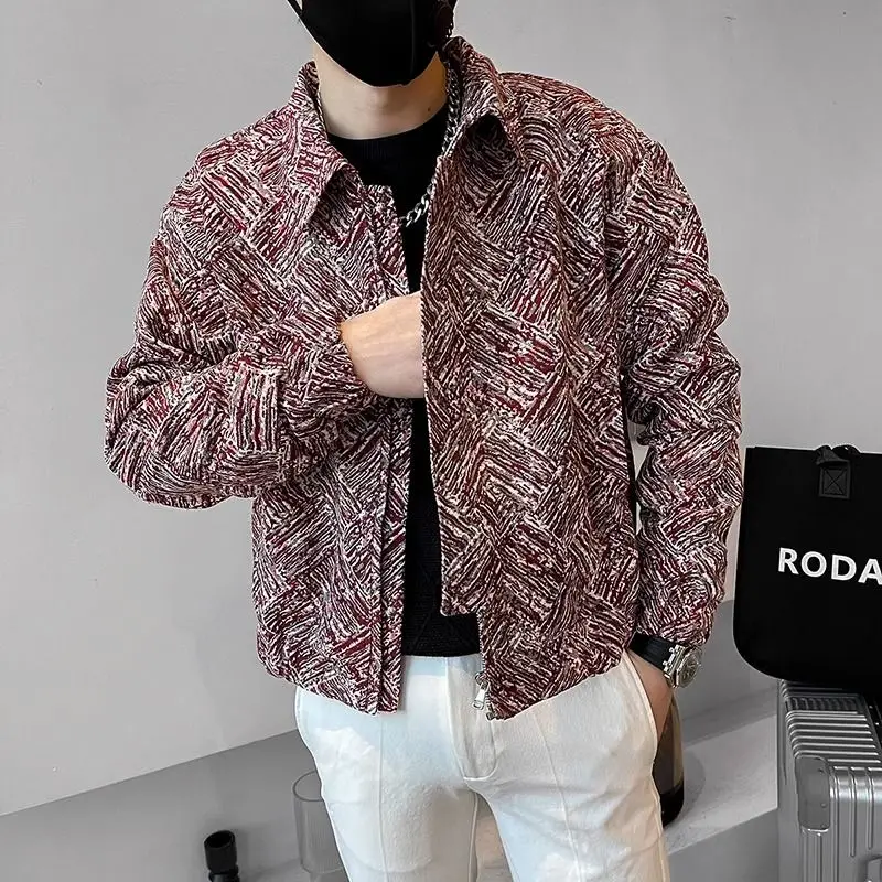 Autumn Winter Fashion Printing POLO Collar Long Sleeve Men's Clothing Cardigan Loose Single Breasted Pocket Korean Chaopai Tops