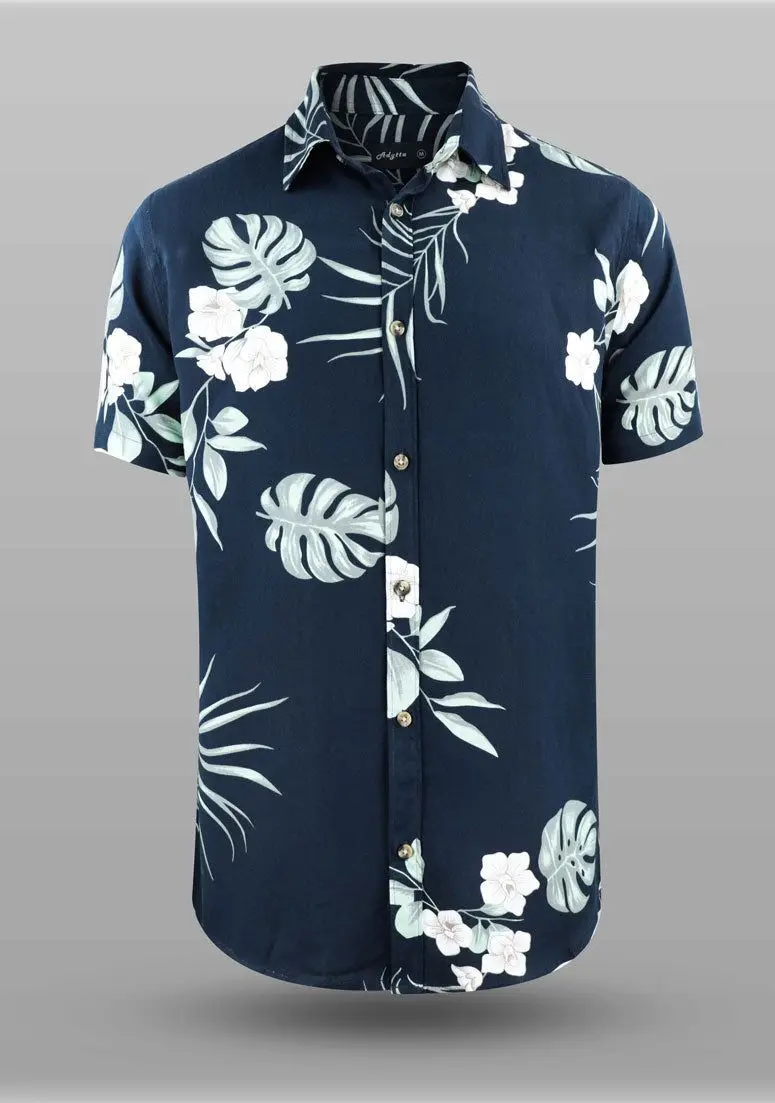 New men's simple retro summer short-sleeved lapel button Hawaiian beach coconut tree large size printed outdoor casual top
