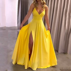 BKLD Sexy Spaghetti Strap V Neck Big Swinging Long Dress Cross Slip Backless Lacing Fashion Solid Colors Split Party Beach Dress
