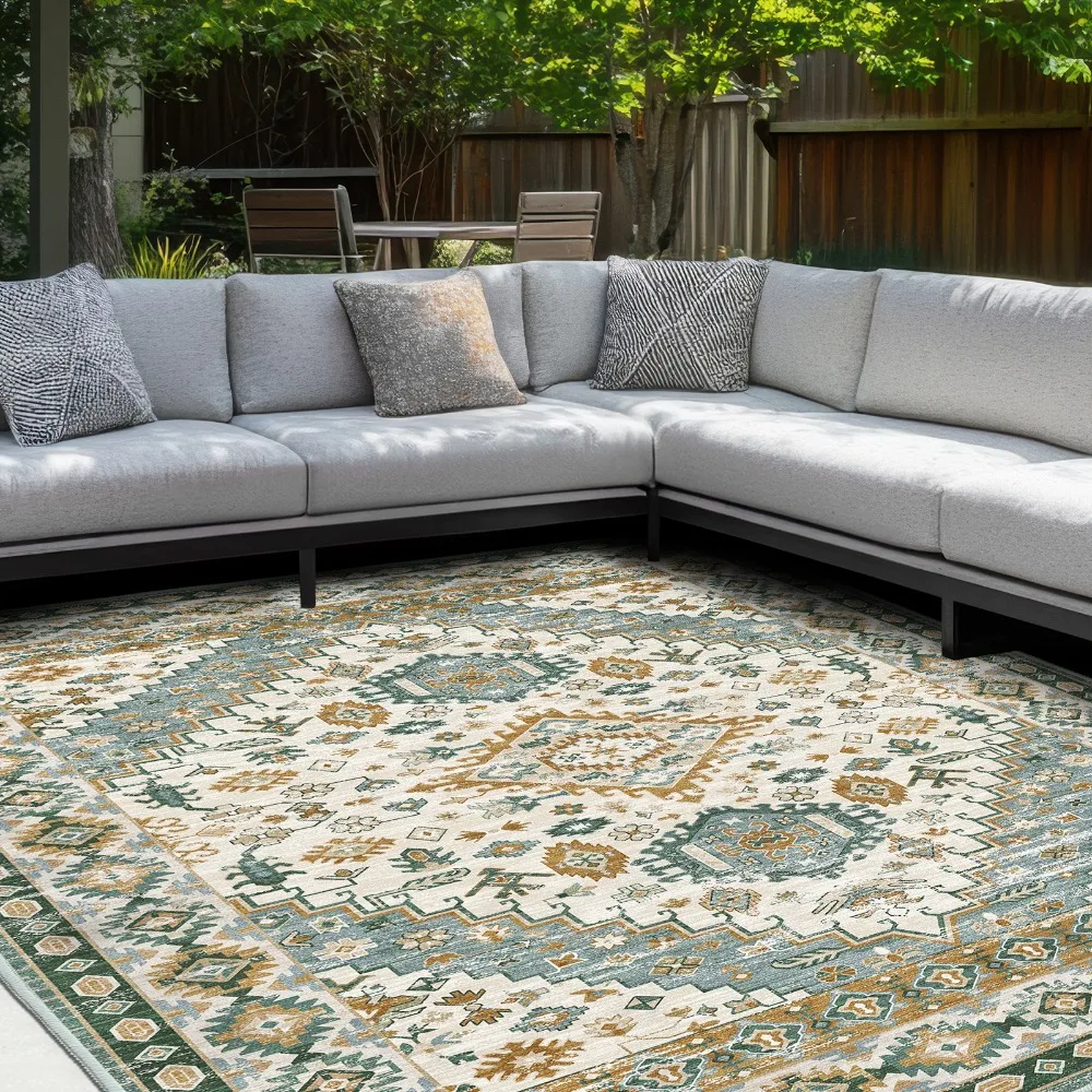 Machine Washable Area Rug, Non-Slip Thin Chenille Low Pile Carpet, Vintage Boho Rug For Living Room Bedroom Kitchen Office