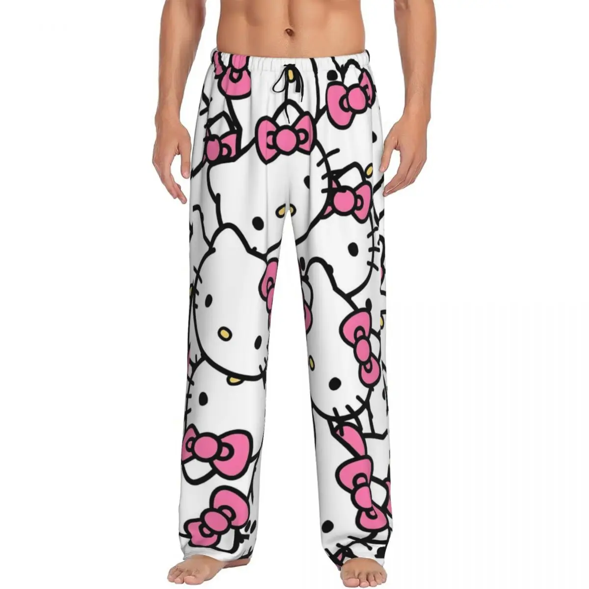 

Пижамные штаны Hello Kitty на заказ для мужчин, одежда для сна с персонажем мультфильма, эластичные штаны для сна с карманами