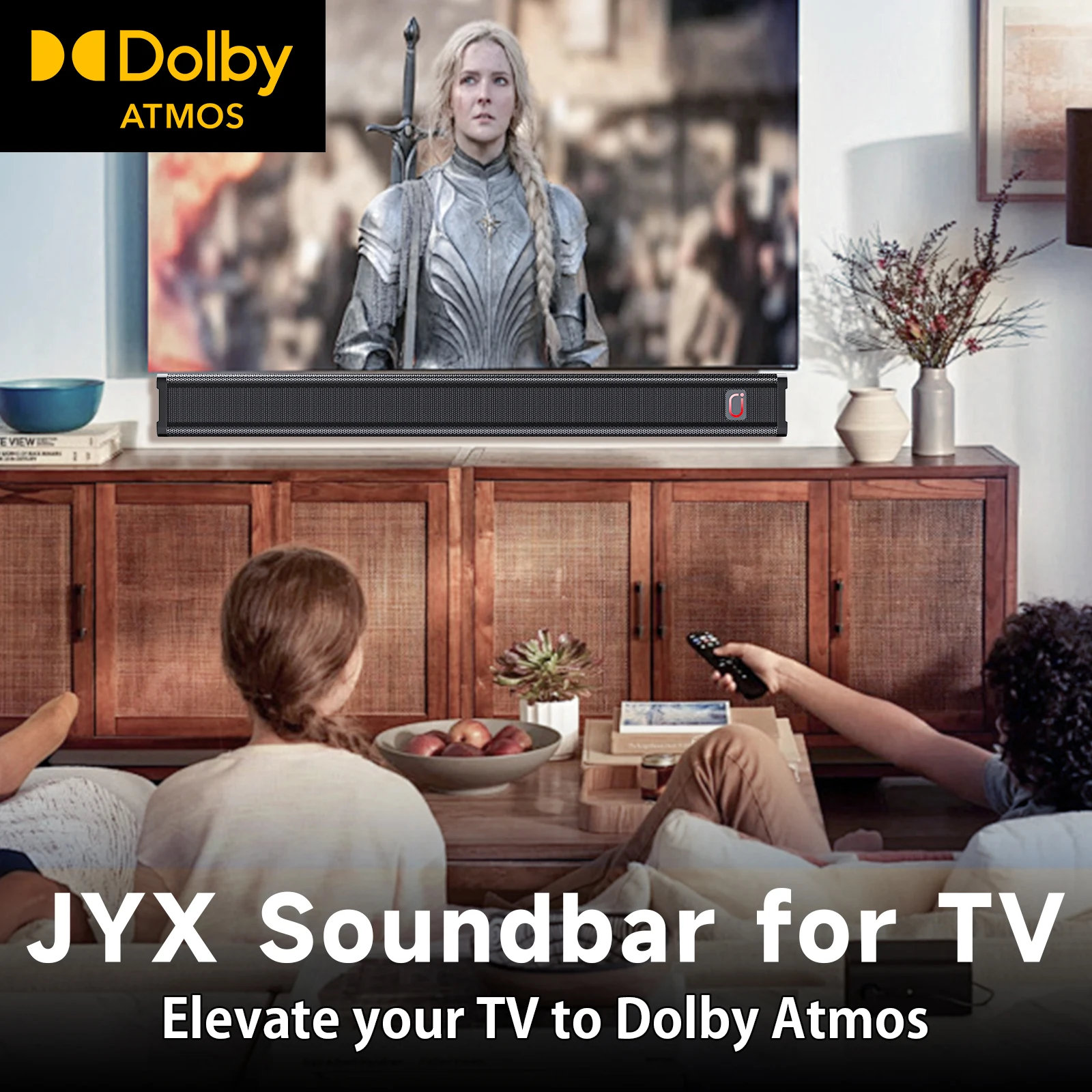 JYX H7 3D Surround Soundbar for TV –40W Dual Drivers,Dolby Atmos,Bluetooth 5.4 / HDMI-ARC/AUX/USB, 3 EQ Modes,Compact Wall-Mount