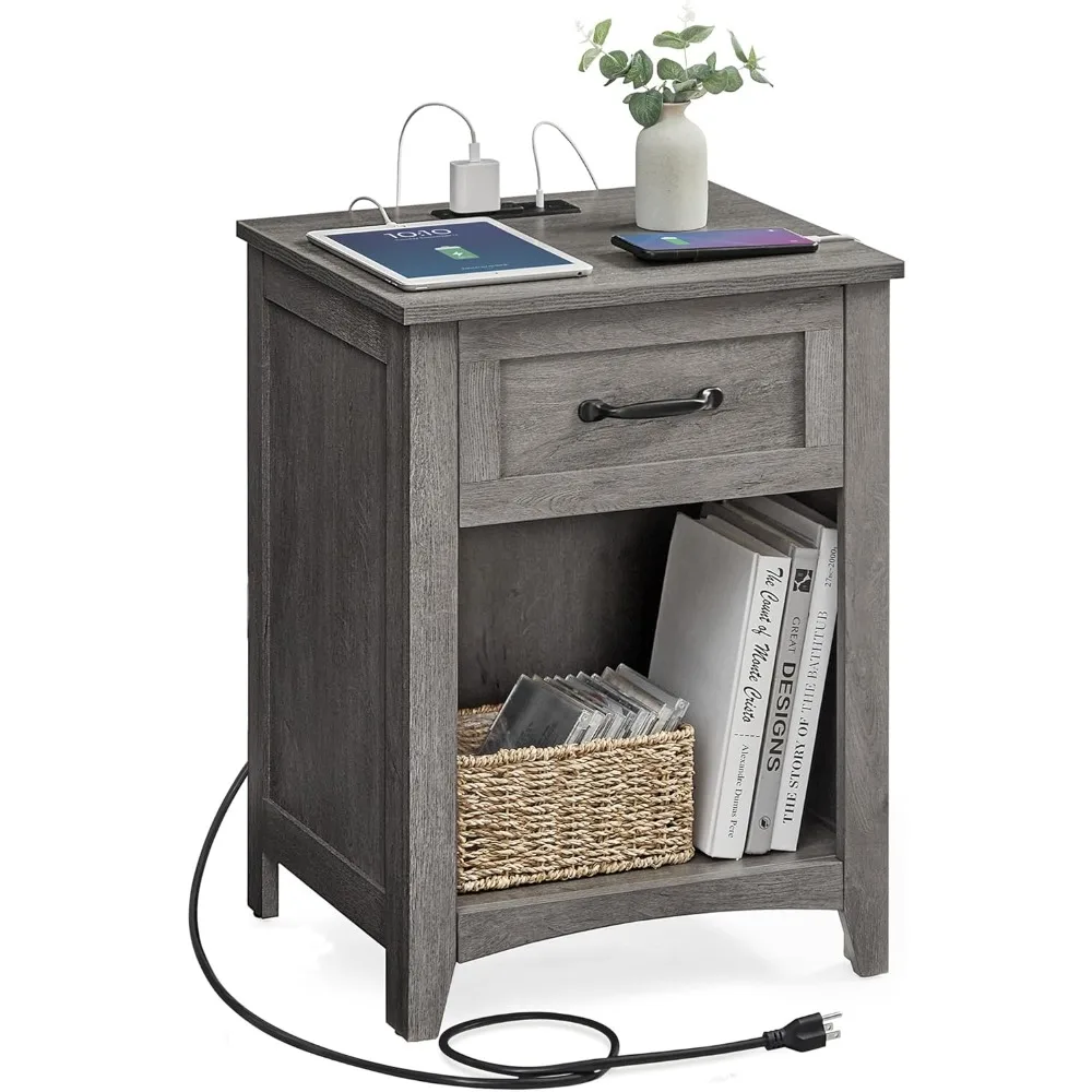 

Farmhouse Nightstand with Charging Station, Bedside Table with Drawer, Open Compartment, Side Table with Storage, for Bedroom