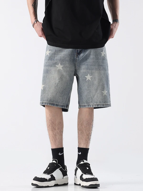 

High-End Star Print Men's Denim orts American Trendy Loose Five-Point Retro Wa Casual Mid-Length Straight Leg Jeans