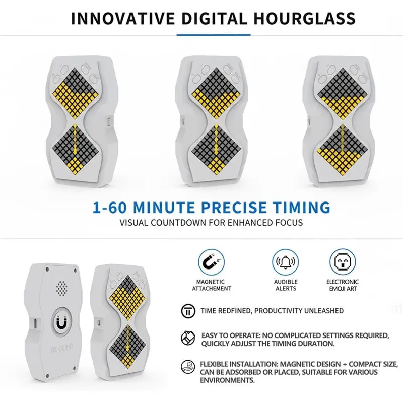【Festival】Magnetic Mount LED Visual Hourglass Timer, 1-60 Minute Countdown, Buzzer Alert& Dimmable Night Light, Sand Timer