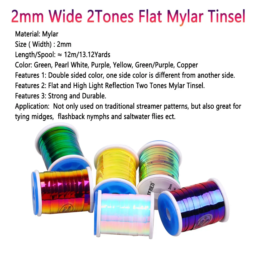 2PCS 6PCS 2mm Wide 2 Tones Flat Mylar Tinsel Fly Tying Material Flashabou Tinsel Nymph Streamer Saltwater Trout Fishing Lures