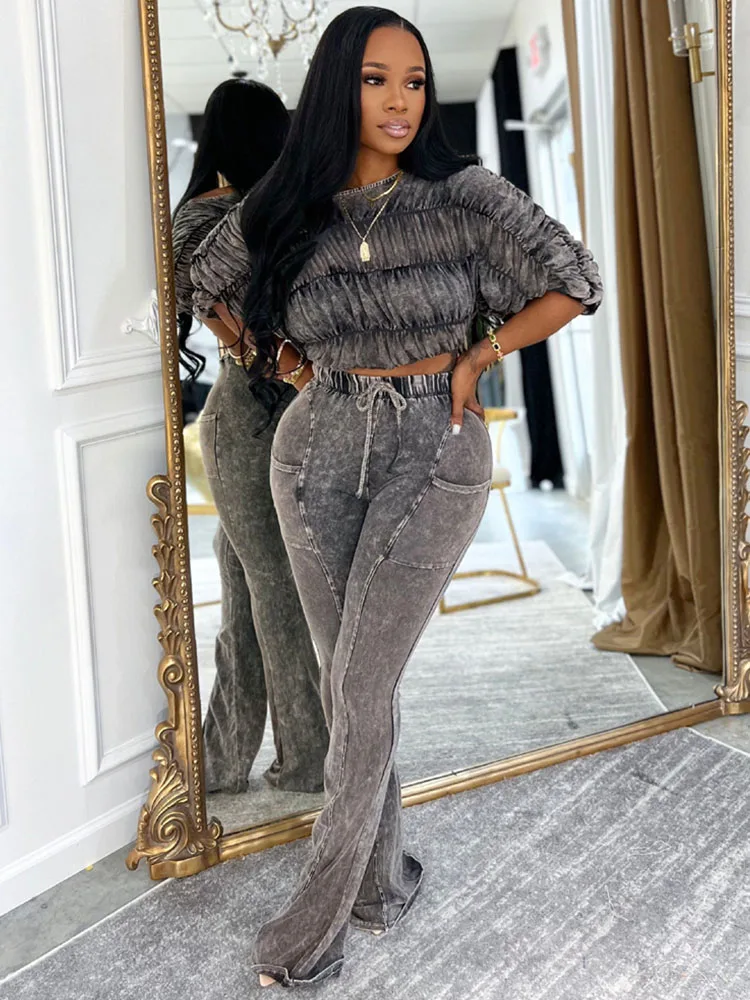 

Doyerl осенне-зимний комплект из двух предметов, женская одежда, топ с открытыми плечами и разрезом на шее, рюшами, длинными рукавами и брюки-клеш, одинаковые комплекты