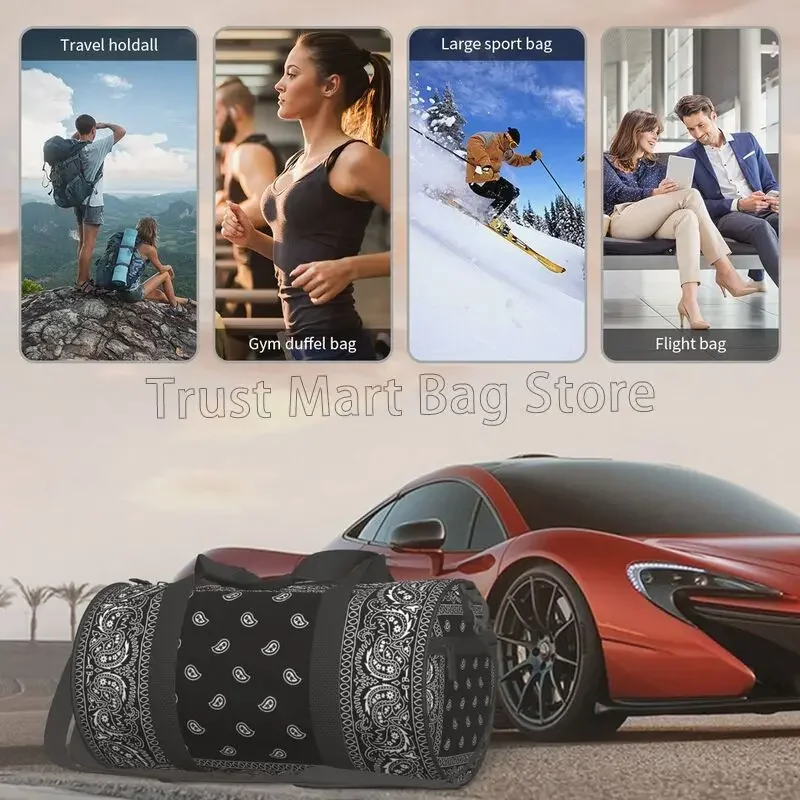 다채로운 페이즐리 블랙 두건 테두리 스카프 화이트 스포츠 체육관 가방 커플 대용량 피트니스 가방 휴대용 수하물 핸드백
