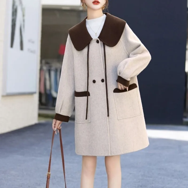 

New Women's Clothing Doll Collar Woolen Coat Autumn Winter Simple Color Matching Woolen Jacket Fashion Female Windproof Overcoat