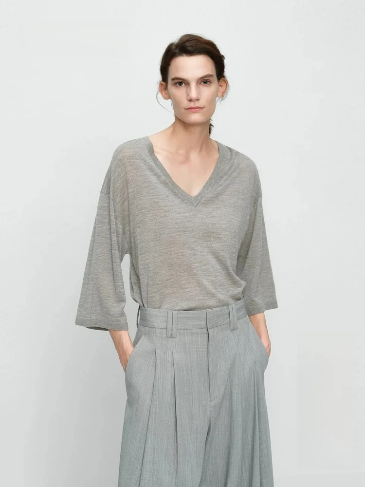 

Edition Women's Summer New Loose Knitted Wool Sweater V-Neck Seven-Quarter Sleeve Pure Wool Comfortable Fit Fashionable Style