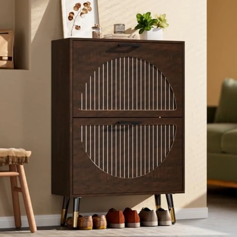 

Farmhouse Entryway Shoe Cabinet with 2 Flip Drawers Slim Narrow Storage Cabinet in White with Stylish Round Panel and Metal Leg
