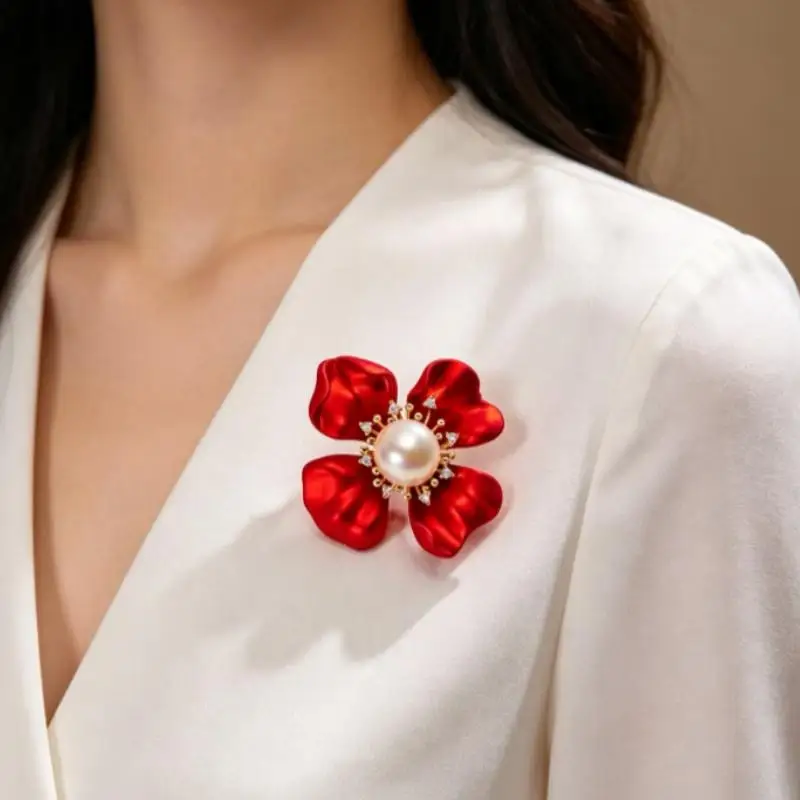 Wunderschöne Blumenbroschen für Damen, rote Emaille, Perlen, Blumen, Pflanzen, Party, Büro, Brosche, Anstecknadel, Geschenke – Detail 9